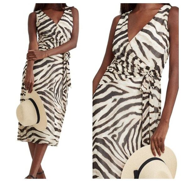 NEW Lauren Ralph Lauren Dress Size 6 Zebra Animal Print Sheer Midi Tie Waist - Picture 2 of 11